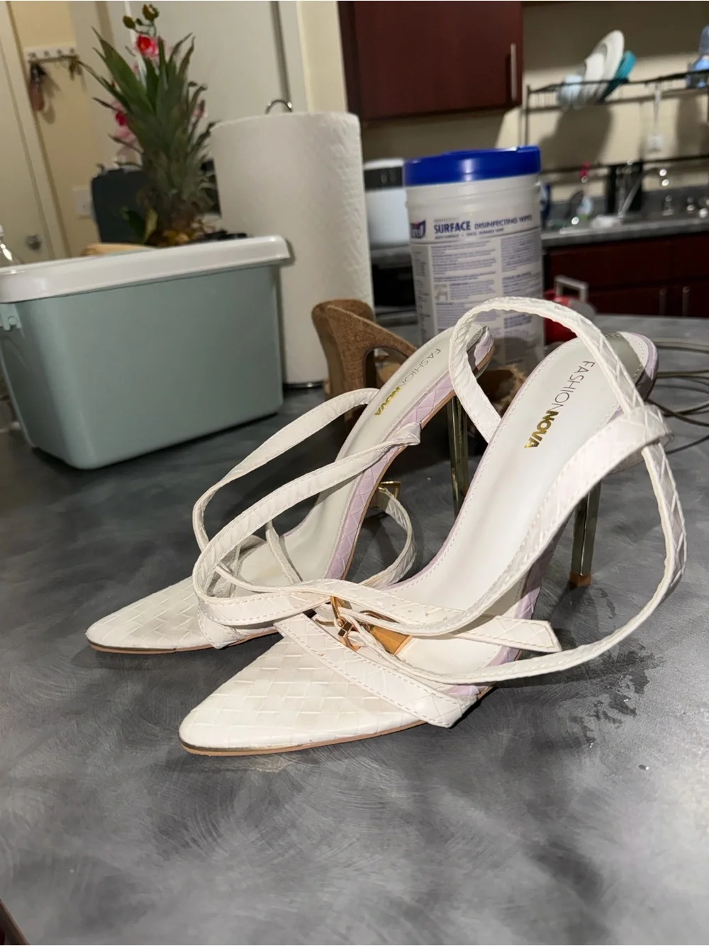 Fashion Nova White Pointed Toe Ankle-Strap Stiletto with Gold Tassel
